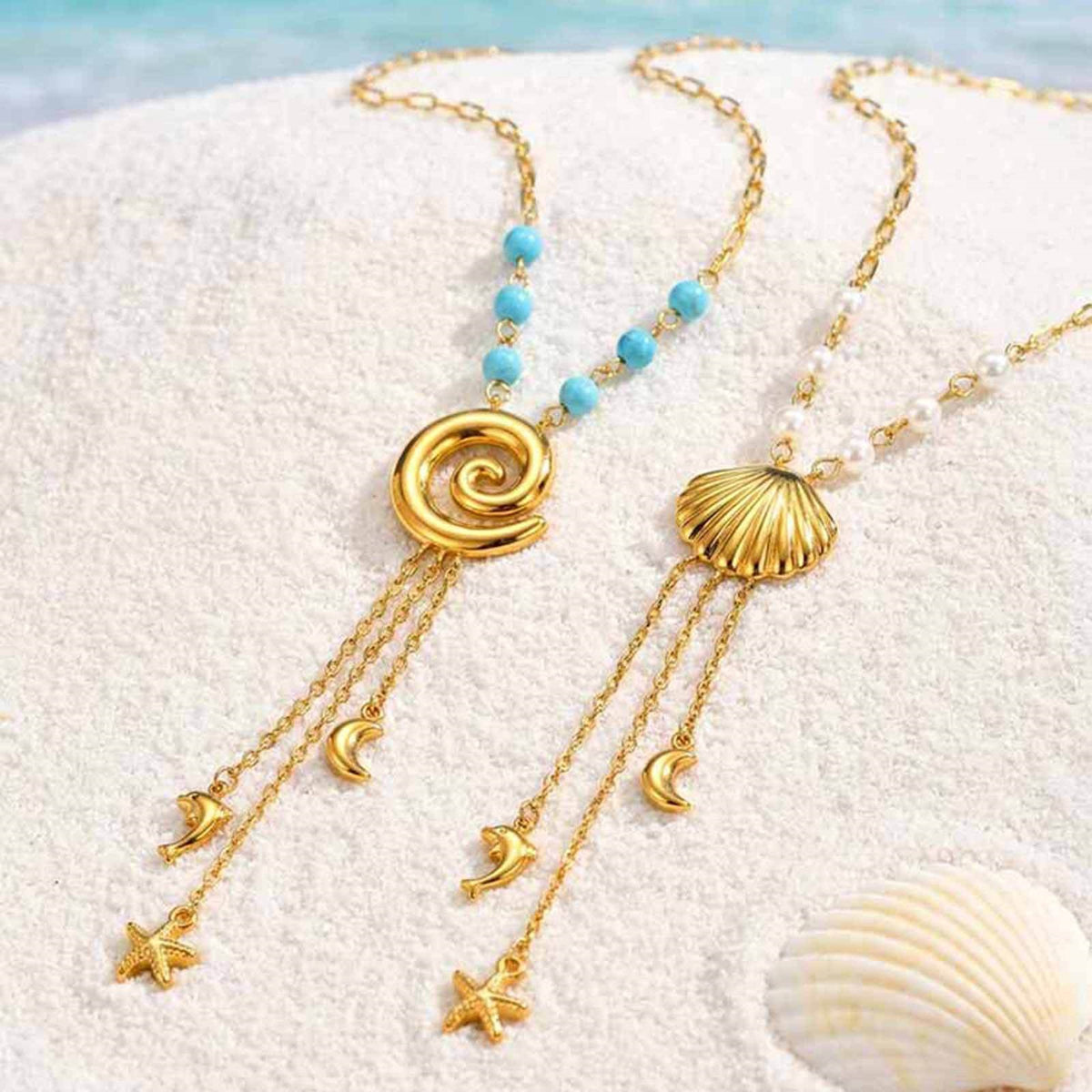 Summer Ocean Wind Stainless Steel Rectangular Chain Imitation Pearl Ocean Shell Fringed Necklace