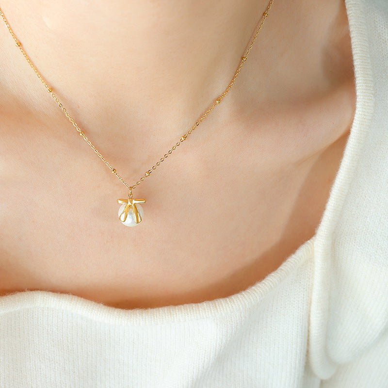 Luxurious French Bow Jewelry Set with Faux Pearls and Titanium Steel Gold Accents