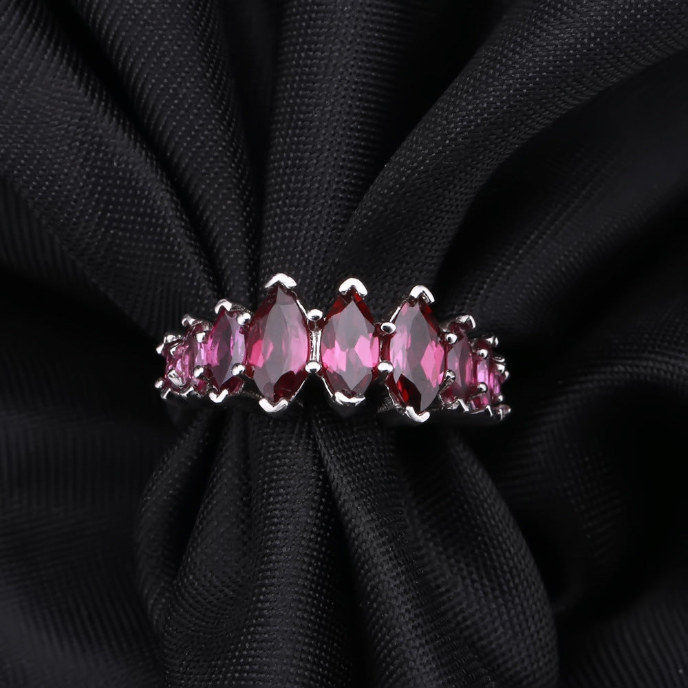 Row of Marquise Shape Natural Rose Pomegranate Silver Ring