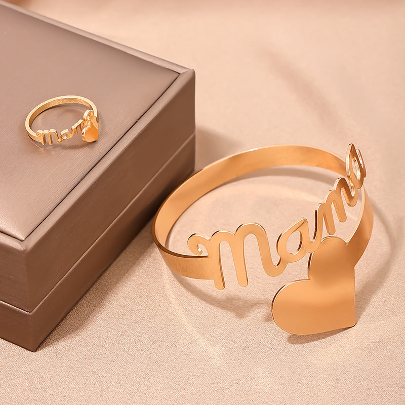 Stylish Metal Love MAMA Bracelet and Ring Set for Mother's Day