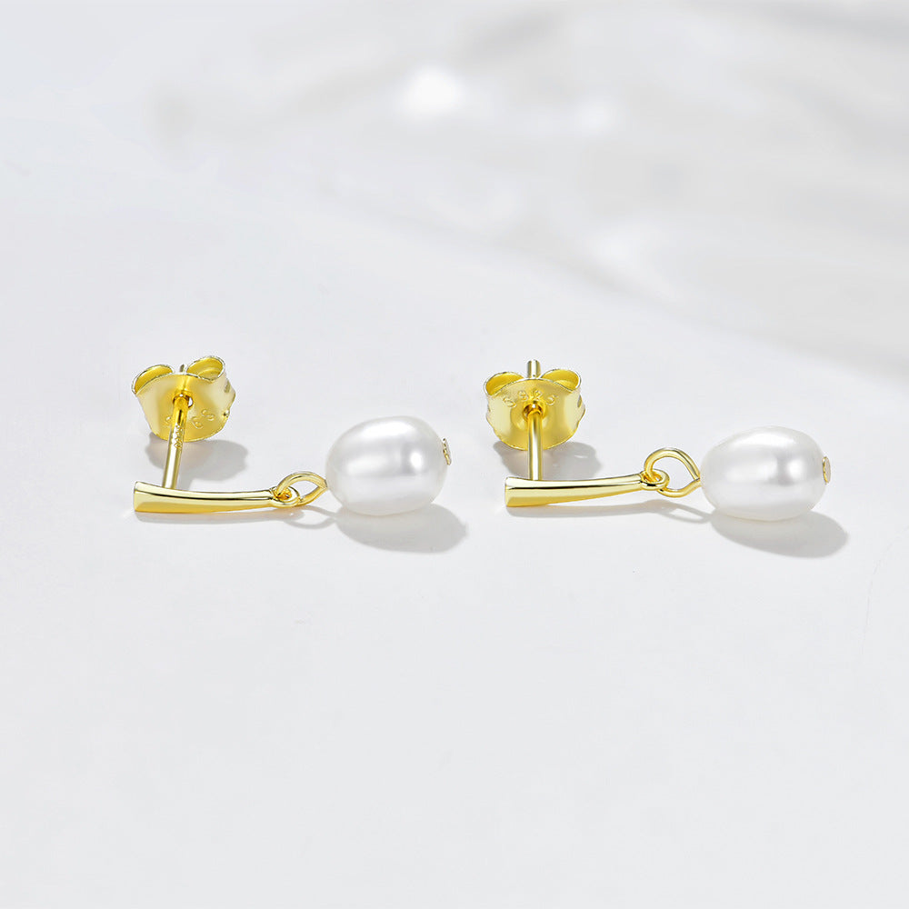 S925 Sterling Silver Freshwater Pearl Stud Earrings Femininity Cold Wind Geometric Pearl Earrings