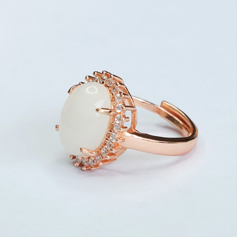 Elegant Oval White Jade Ring with Zircon Halo