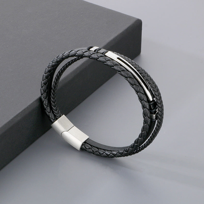 Planderful Stainless Steel Leather Rope Bracelet Men Black