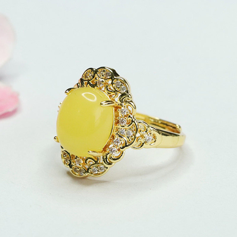 Auspicious Cloud Ring with Natural Beeswax Amber and Zircon - Sterling Silver Jewelry for Women