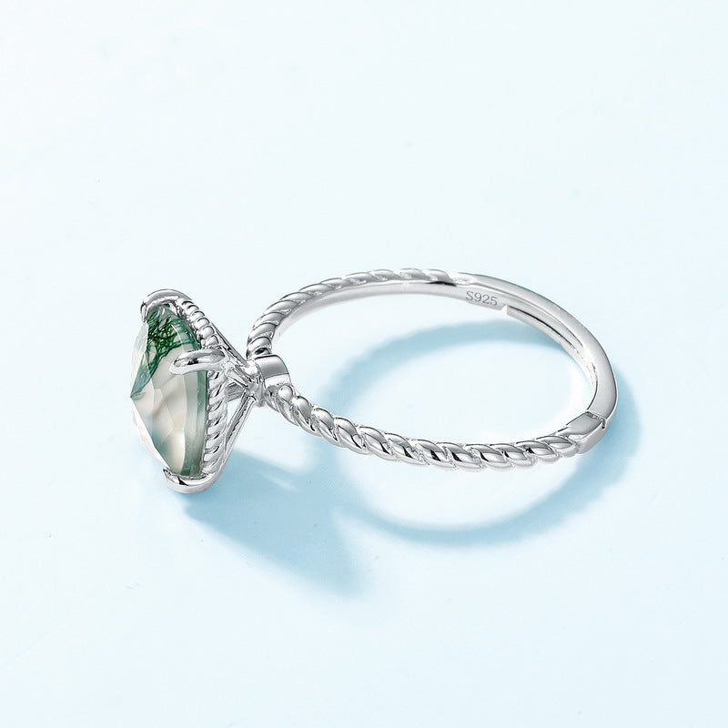 S925 Sterling Silver Moss Agate Dainty Ring