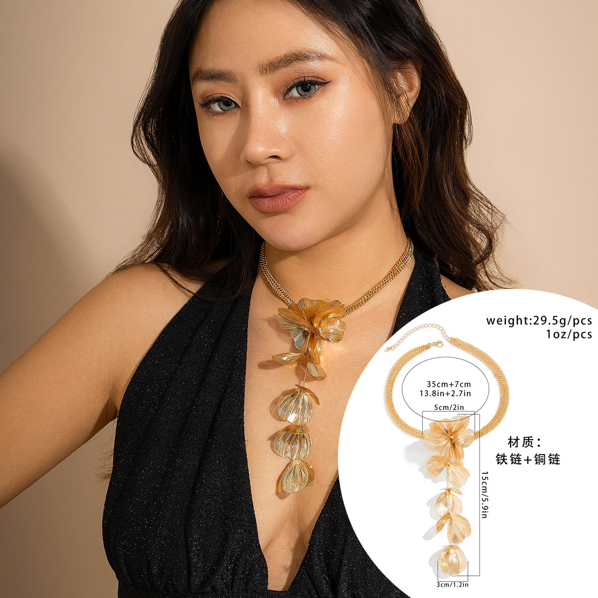 Ginkgo Biloba Gold Chain Necklace with Metal Design - European Style Statement Piece for Women