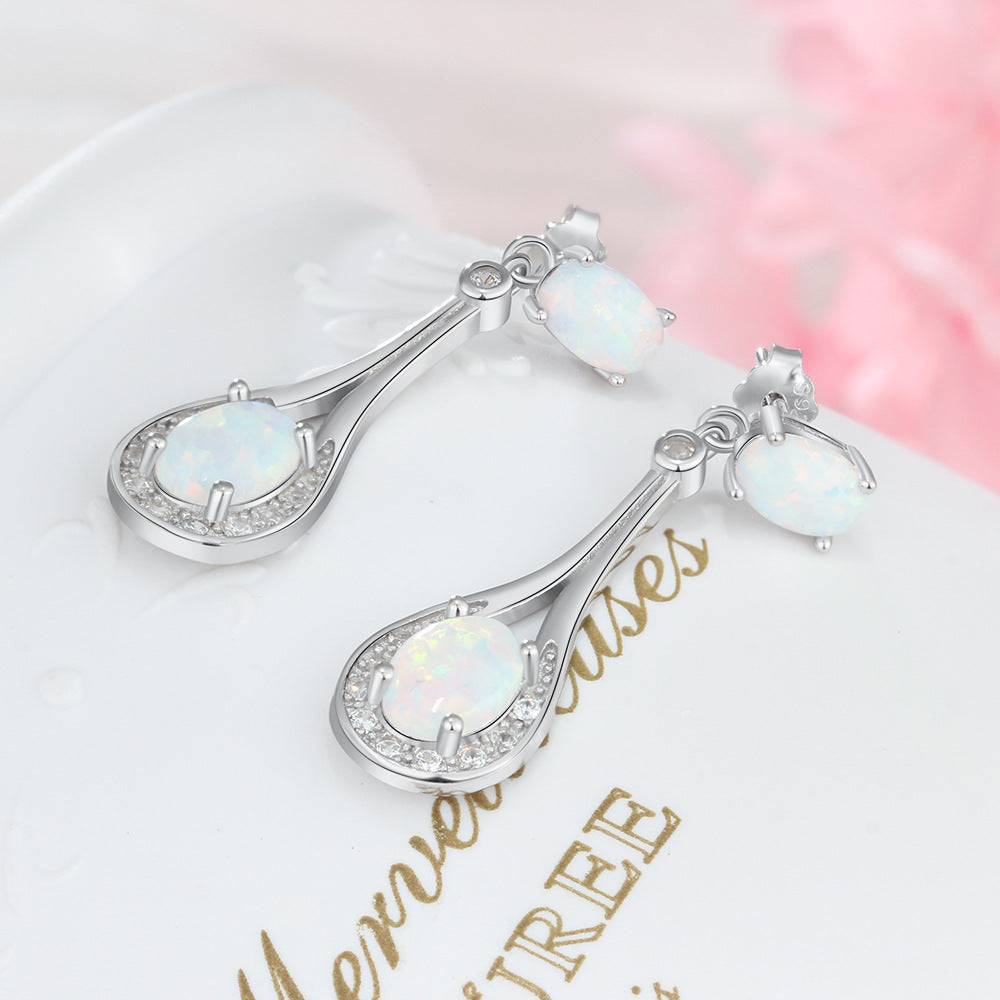 Planderful Jewelry Opal Earrings In Sterling Silver Drop Design With Zircon Accents