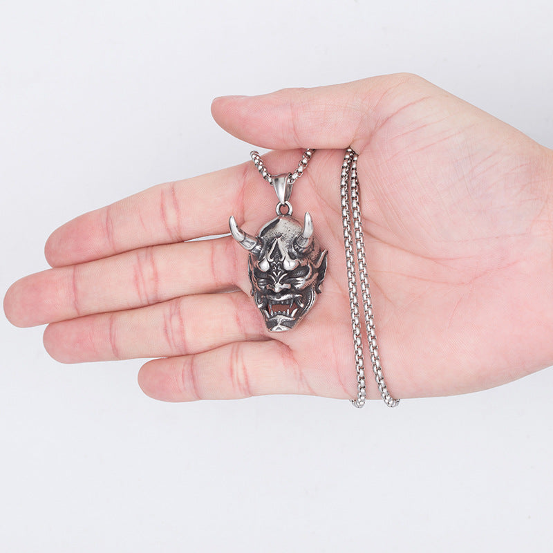 Stainless Steel Necklace - Vintage Mens Horn Mask Pendant With Bold Geometry And Retro Aesthetic