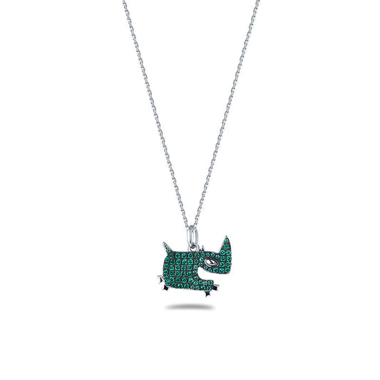 Emerald Green Zircon Little Monster Silver Necklace