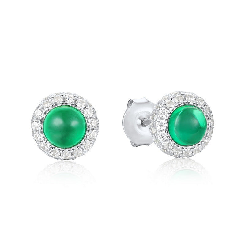 S925 Sterling Silver Lab-Grown Emerald Round Stud Earrings