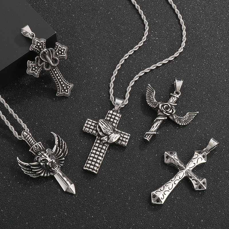 Flying Wings Pendant, Gothic Lion Head Rose Cross Wings Titanium Steel Men's Pendant Necklace