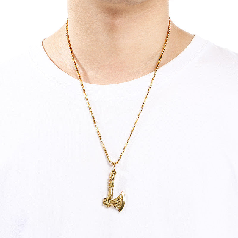 Nordic Viking Wolf Pattern Battle Axe Pendant – Punk Style Axe Amulet Titanium Steel Necklace