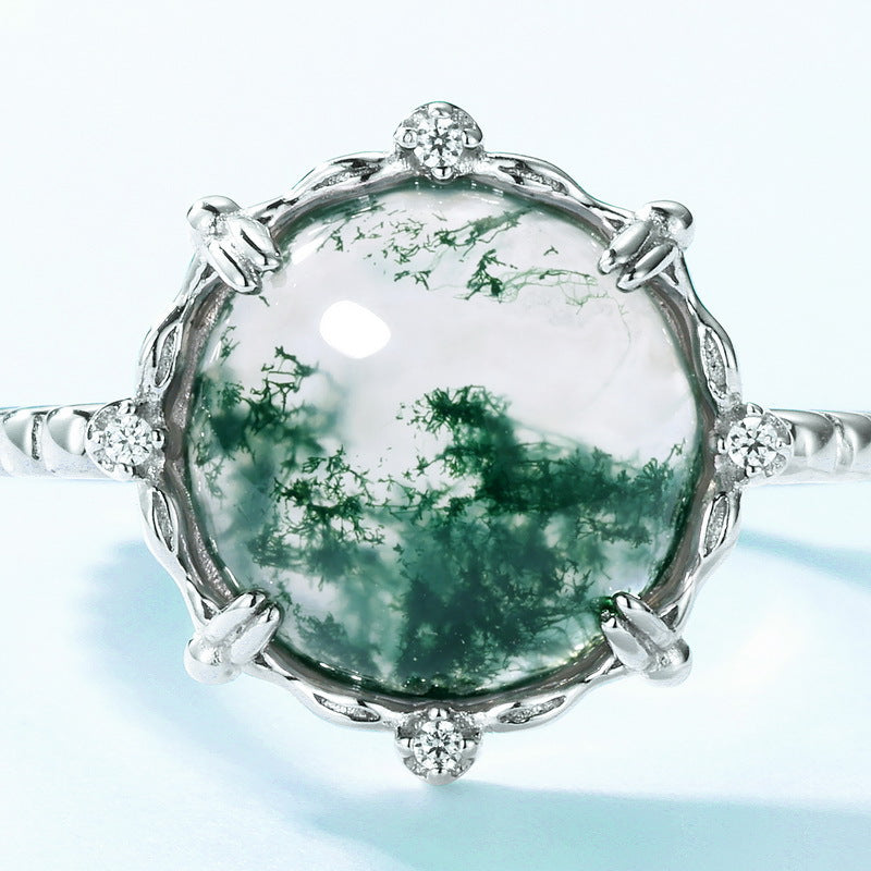 S925 Sterling Silver Gold-Plated Moss Agate Adjustable Ring