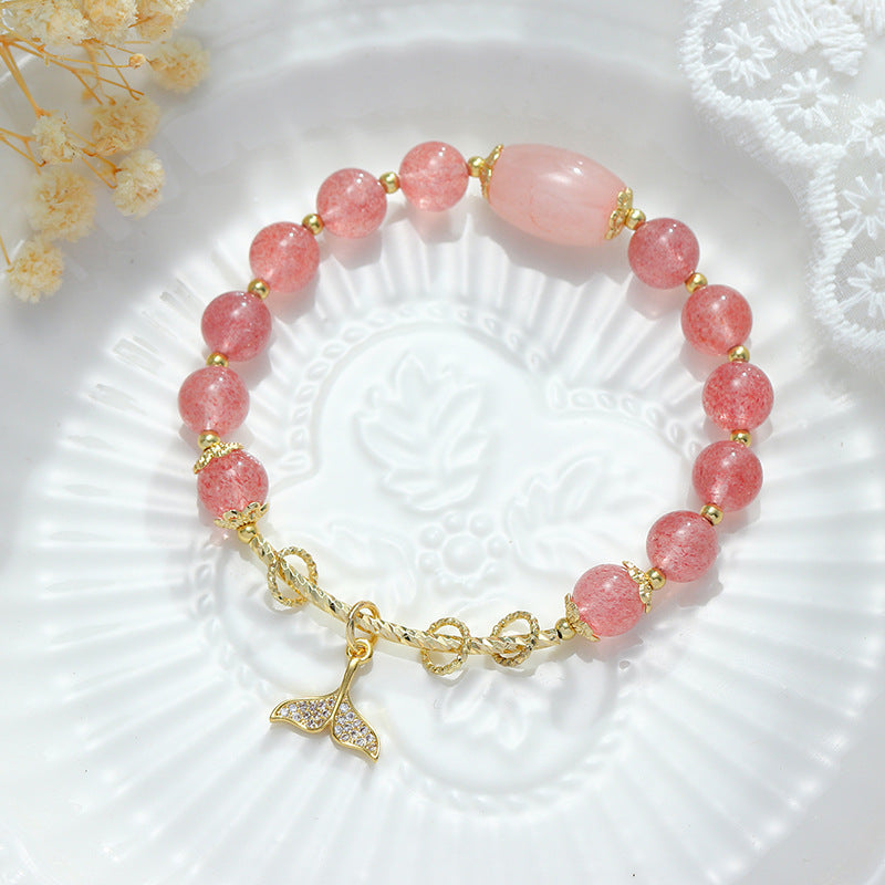 Whale Ripples Natural Strawberry Crystal Bracelet with Pink Crystal Bucket Bead Movement Hand Strand Jewelry