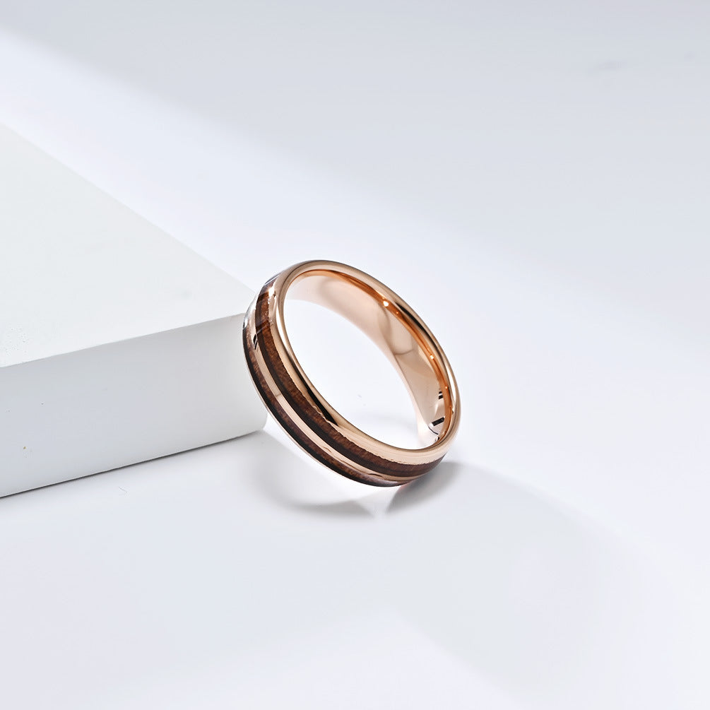 Planderful Tungsten Steel Ring With Parquet Wood Inlay Double Groove Unisex Couple Ring