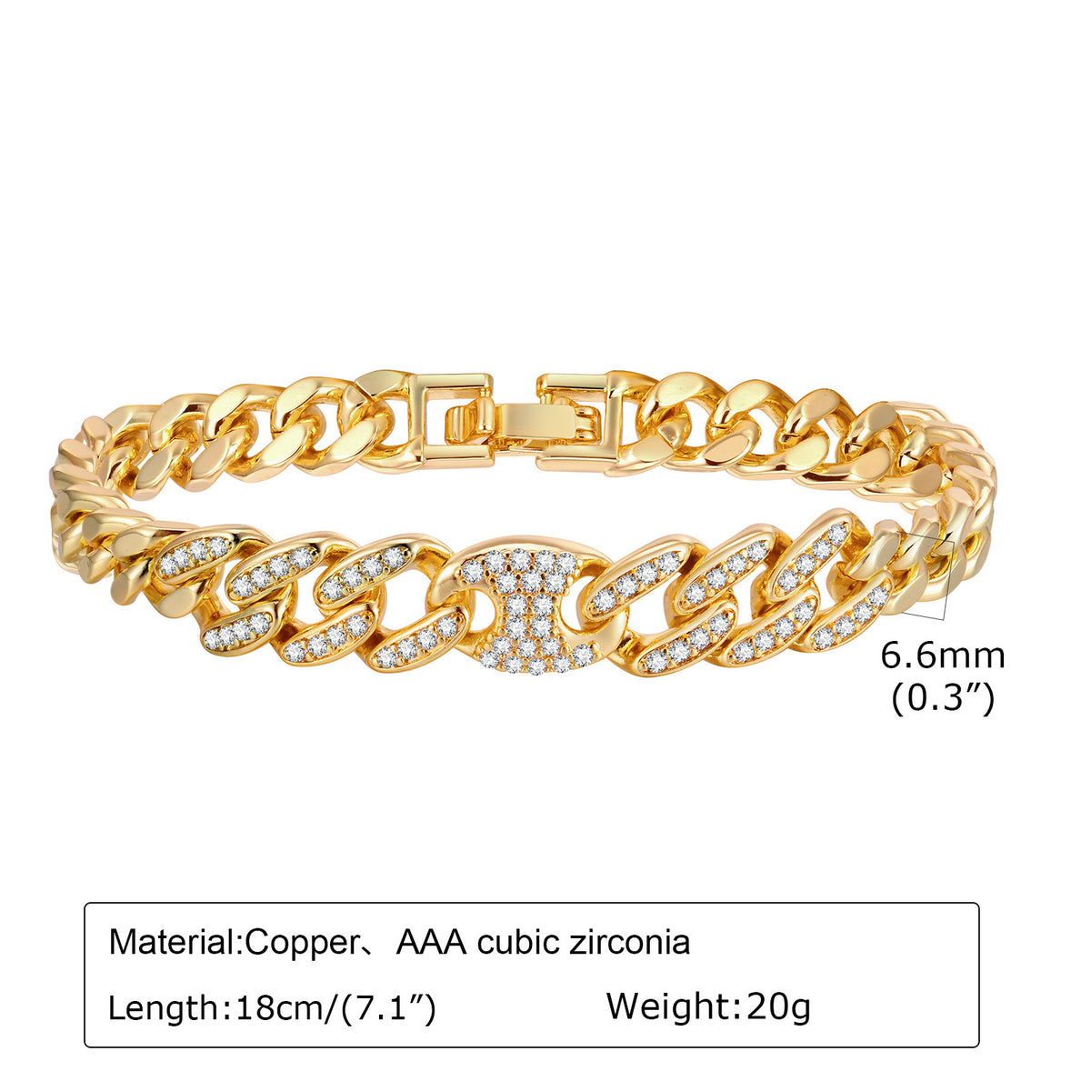 Heart Zircon Cuban Chain Copper Bracelet
