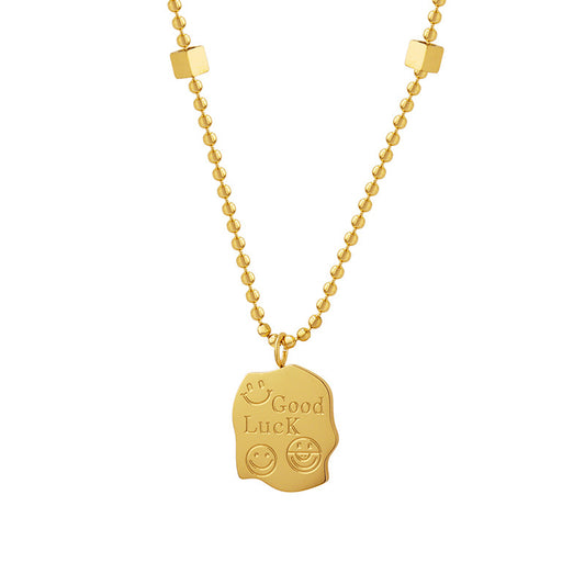 Golden Smiley Face Engraved Letter Necklace - Stylish European and American Instagram Style
