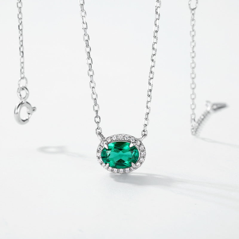 S925 Sterling Silver Lab-Grown Emerald Oval Vintage-Inspired Necklace