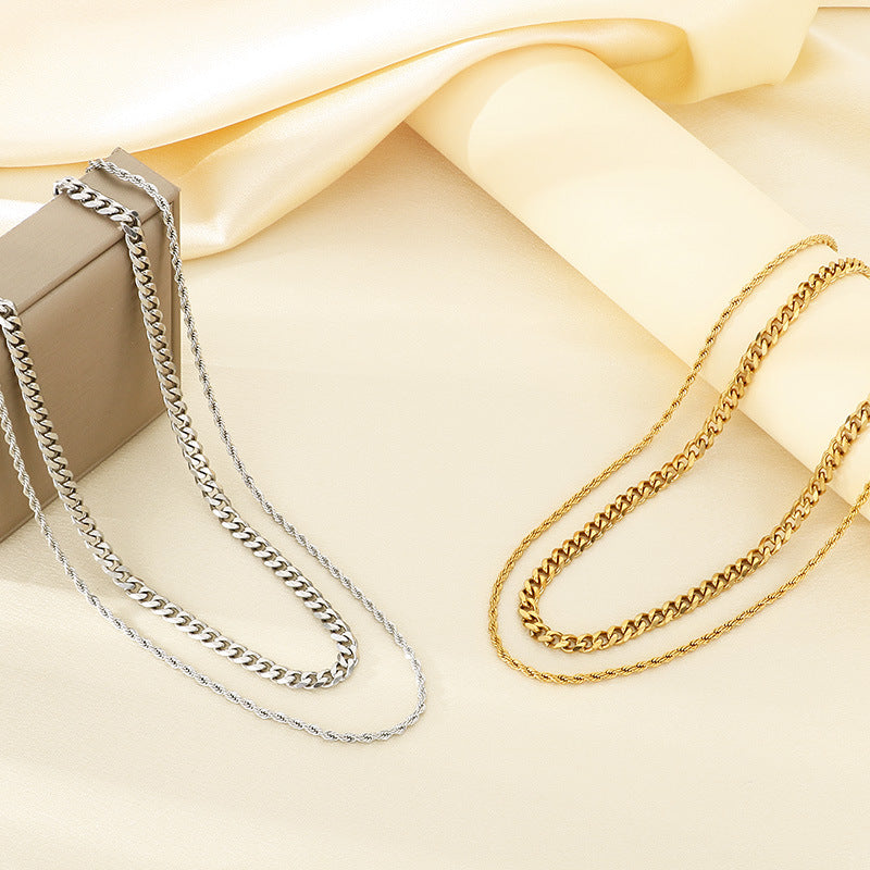 Hipster Stainless Steel Plain Chain Hip Hop Simple Multilayer Stacked Strap Cuban Chain Necklace