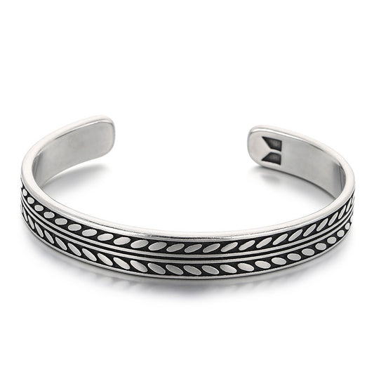Antique Leaf Pattern C-Shaped Bracelet – Punk Style Leaf Pattern Twist Woven Stainless Steel