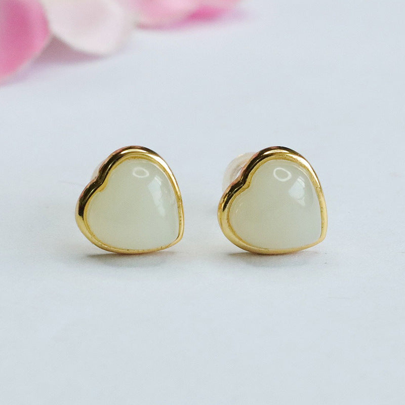 Sterling Silver Love Earrings with Natural Hetian White Jade