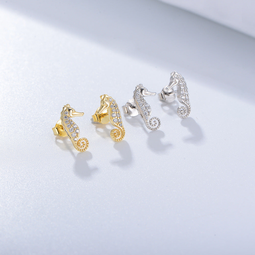 S925 Sterling Silver Micro-Inlaid Zircon Seahorse Animal Stud Earrings Cute Earrings Ear
