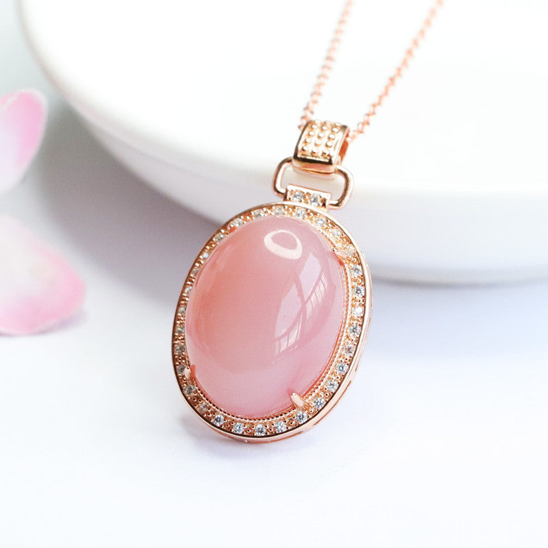 Natural Pink Agate Pigeon Eggs Pendant Necklace with Zircon Halo in S925 Silver