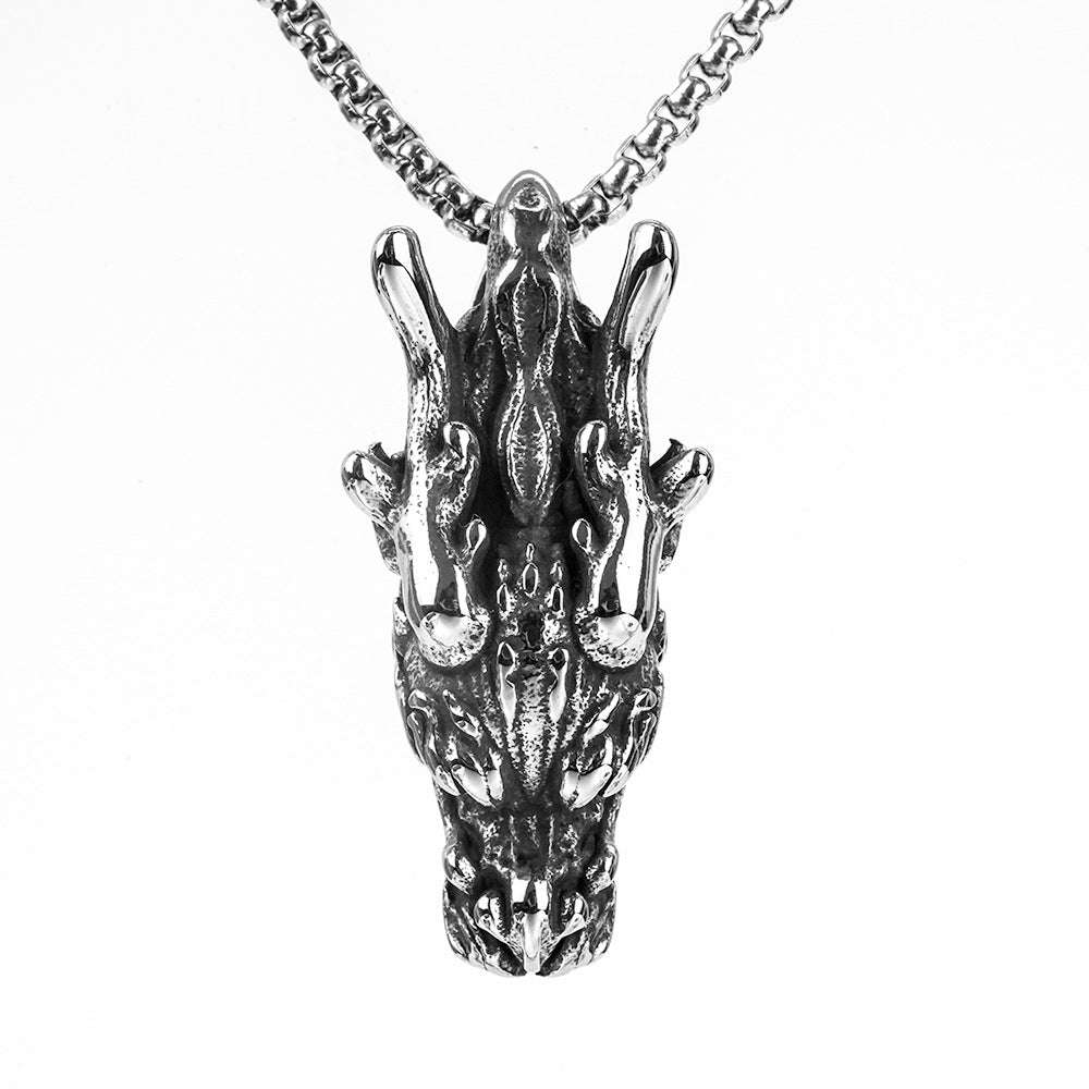 European And American Retro Stainless Steel Dragon Head Pendant Necklace For Men