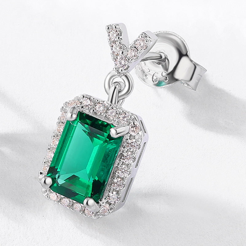 S925 Sterling Silver Lab-Grown Emerald Geometric Stud Earrings