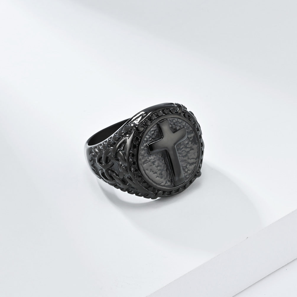 European And American Retro Titanium Steel Cross Ring For Men