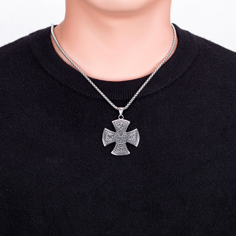 Steel Necklace - Vintage Celtic Viking Rune Cross Pendant For Men With Bold Durable Steel Finish