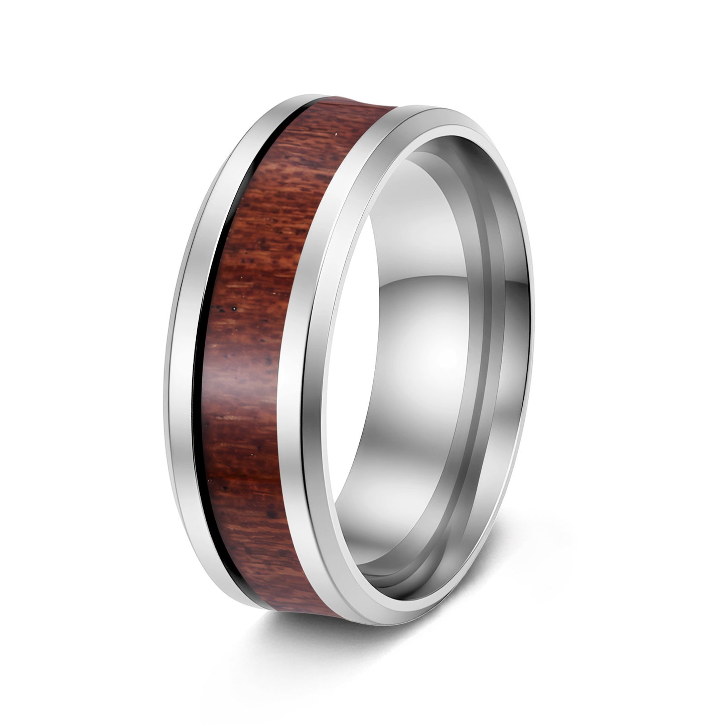 Planderful Everyday Genie Teak Inlaid Titanium Steel Couple Ring Unisex Durable Wedding Band