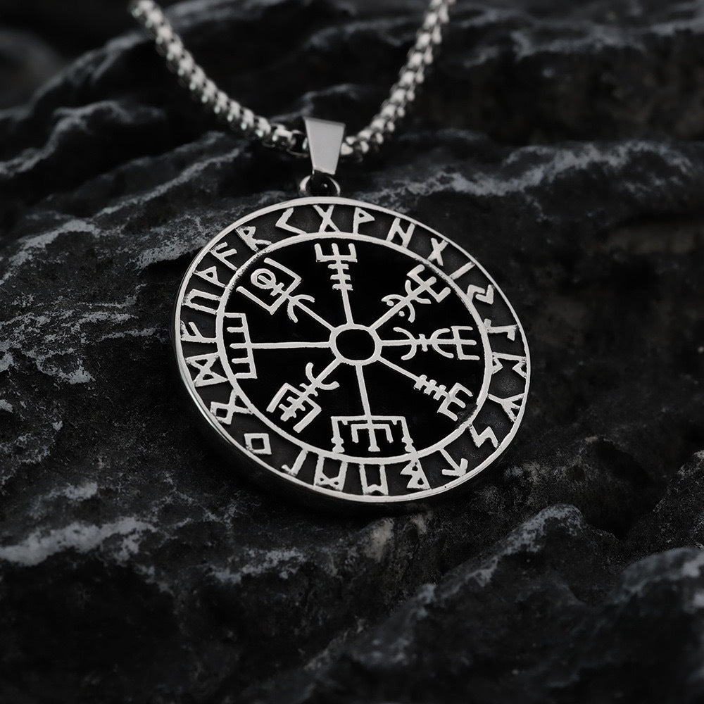 1. Planderful Round Hollow Viking Stainless Steel Necklace for Men Rune Inspired Gift