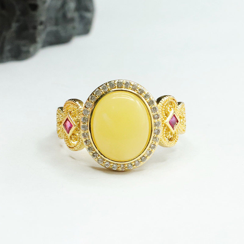 Organic Oval Honeycomb Amber Zircon Halo Vintage Ring