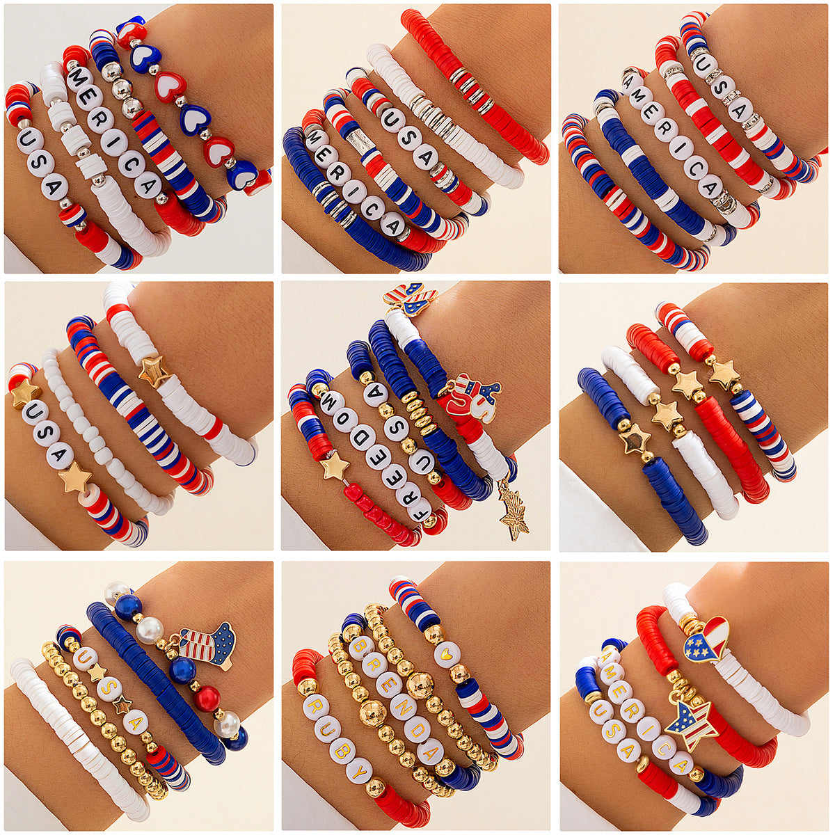 Colorful Handcrafted Bracelet Set with Soft Pottery Beads and Patriotic Charms for Women