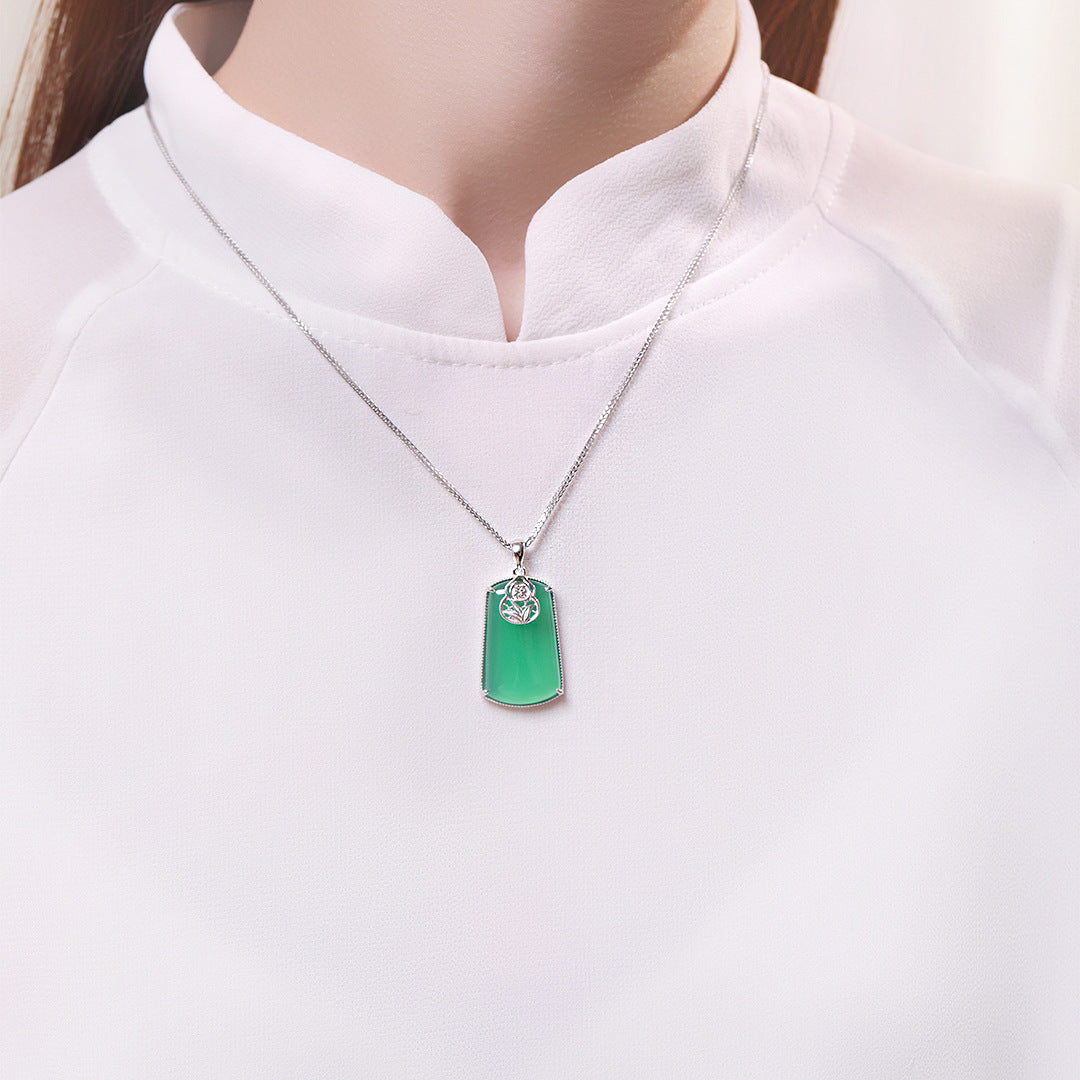 S925 Sterling Silver Natural Chalcedony Gourd Necklace