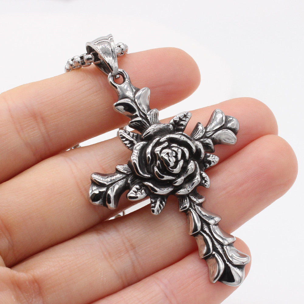 Titanium Steel Rose Cross Pendant Necklace Unisex For Men And Women Protection Statement Planderful Everyday Genie