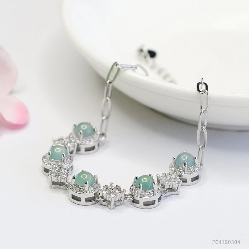 Blue Water Jadeite Prong-Set Cabochon Bracelet
