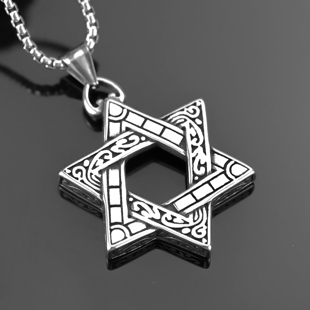 Retro Stainless Steel Men's Pendant Double-Sided Hexagram Necklace