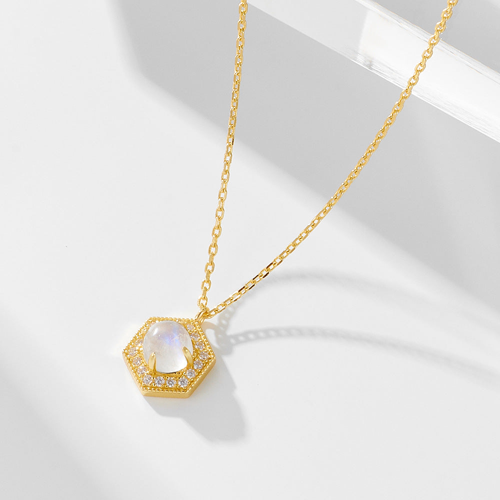 Retro Minimalist Geometric Hexagonal Natural Moonstone Pendant Necklace High-End