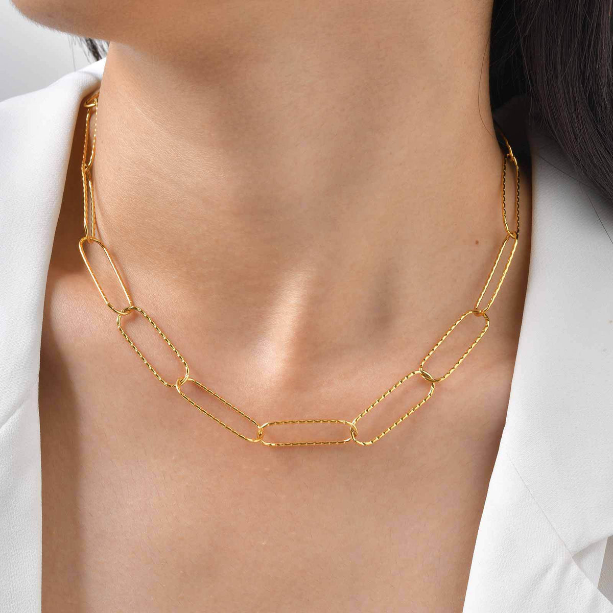 Stainless Steel Embossed Flat Rectangular Chain Necklace Bracelet Gold – A Must