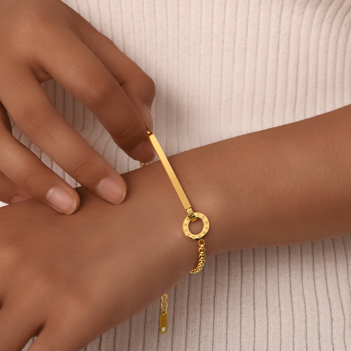 Ladies Stainless Steel Pearl Chain Roman Numeral Ring Bracelet Gold Jewelry