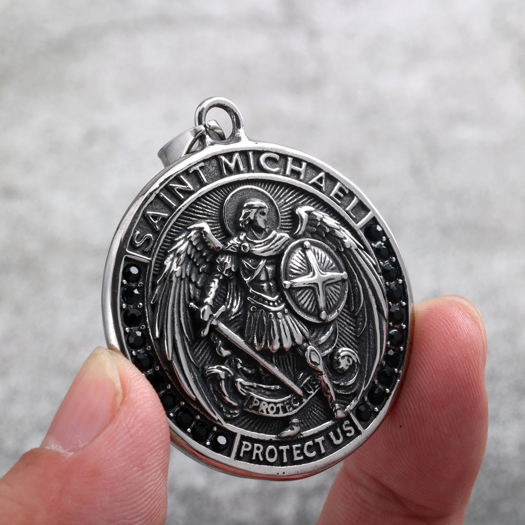 Vintage St. Michael Angel Stainless Steel Men's Pendant Necklace