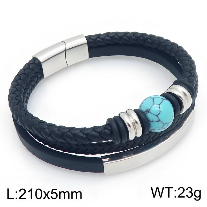 Turquoise Tiger's Eye Stone Multi-Layer Woven Leather Bracelet Lettering Curved Bar