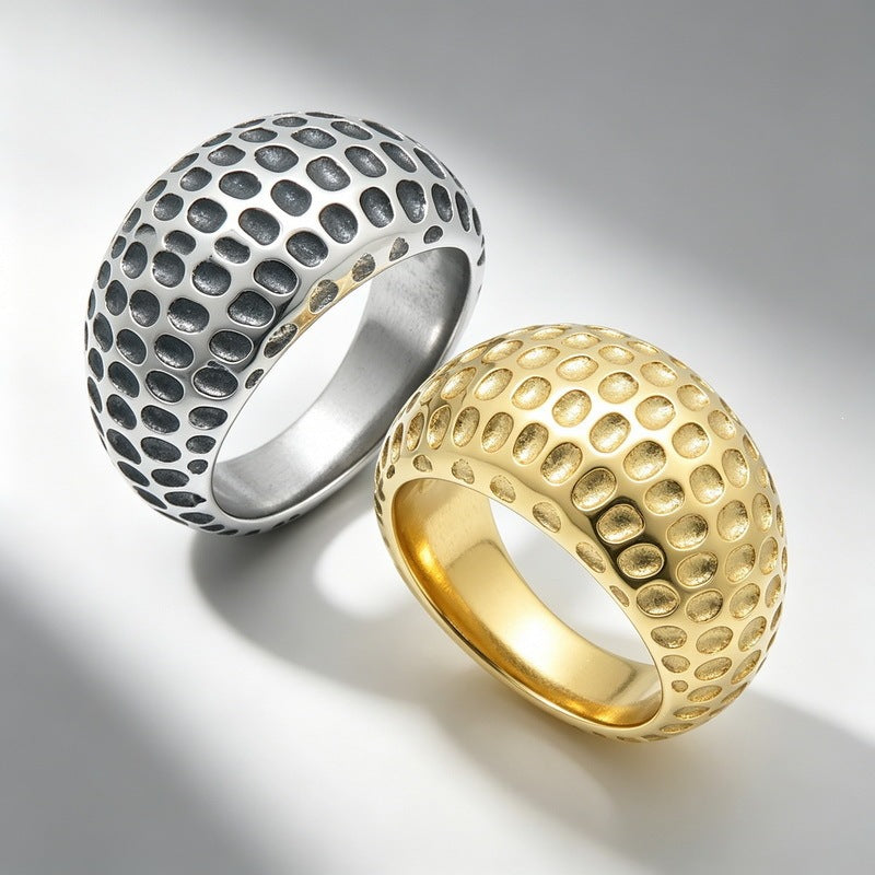17mm Polka Dot Hammer Spherical Ring Punk Vintage Casting Meteorite Stainless Steel Men's