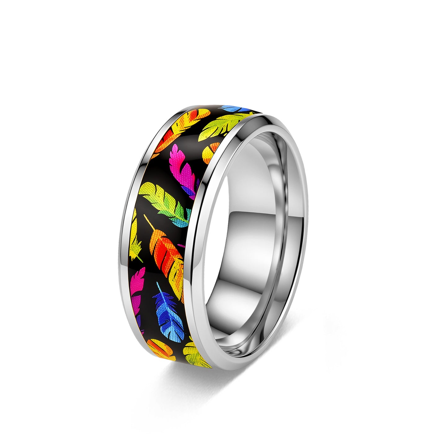 Rainbow Feather Patch Stainless Steel Ring By Planderful Everyday Genie Unisex Statement Jewelry For Bold Fashion Lovers