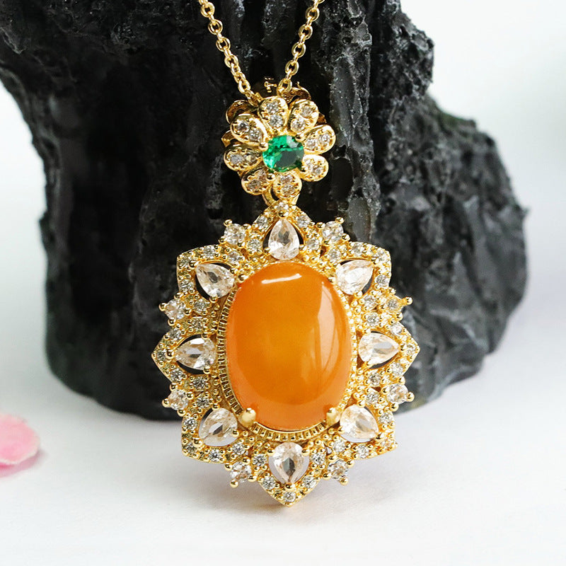 Vintage Golden Zircon Flower Pendant with Sterling Silver Chain