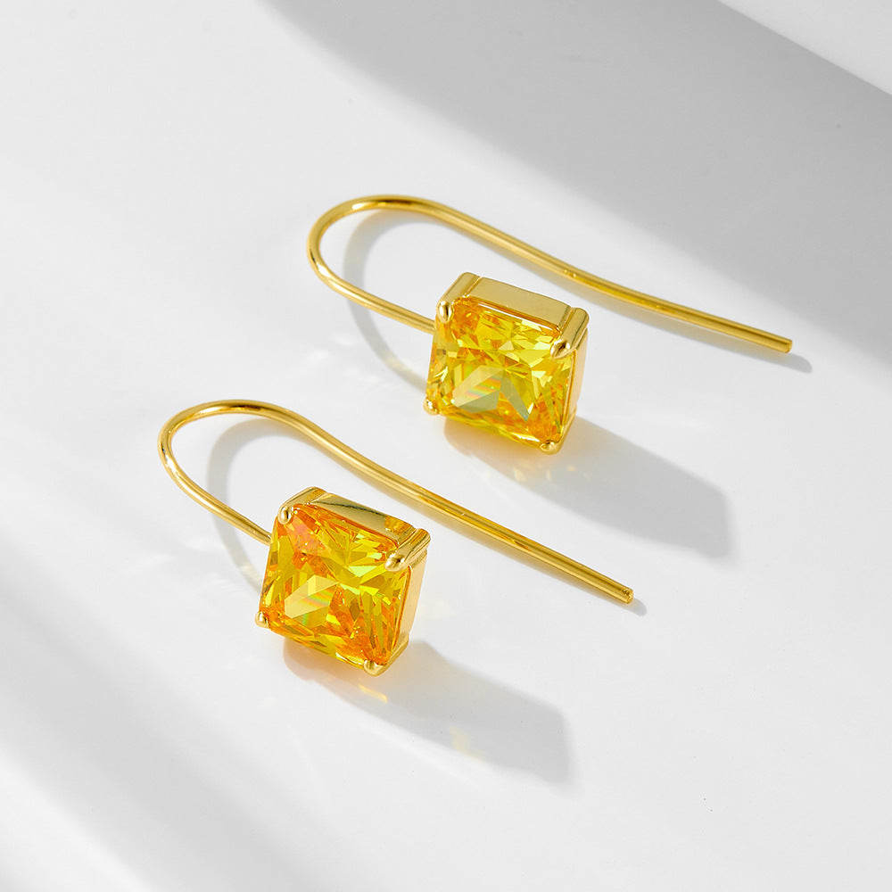 Retro Color Square Zircon Ear Hook Earrings Classic Sterling Silver Earrings