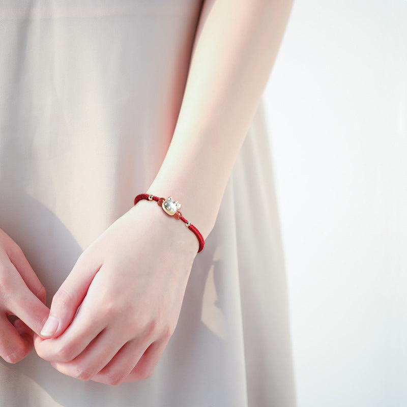 Silver Fortune's Favor Hand-Woven Bracelet with Sterling Silver KT Cat