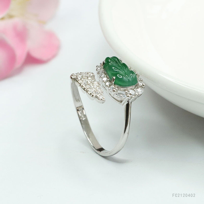Icy Green Jadeite Leaf 925 Silver Ring
